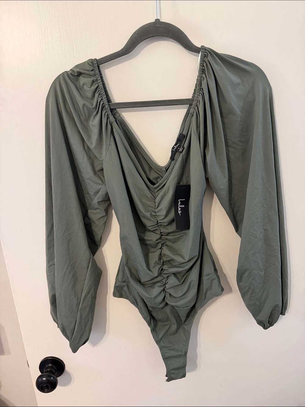 NWT Lulu's Olive Green Ruched Long-Sleeve Bandeau Bodysuit